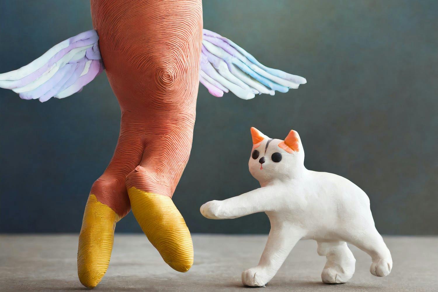 A plasticine cat says hello to plasticine fingers with wings and yellow fingertips