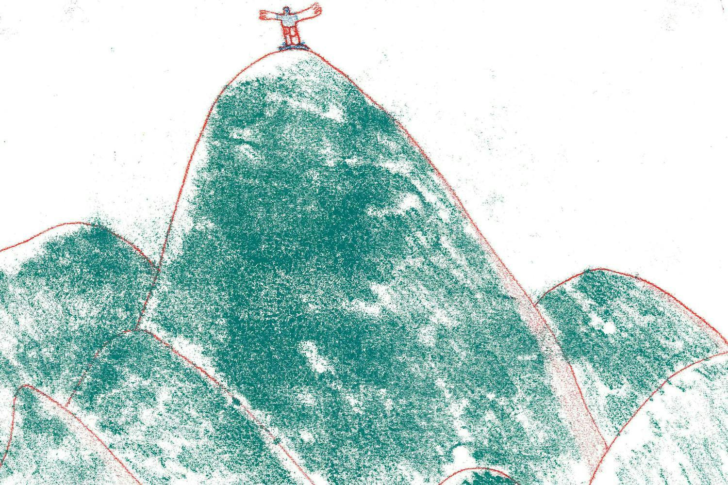 A monoprinted image of a person standing on top of a mountain with their arms outspread